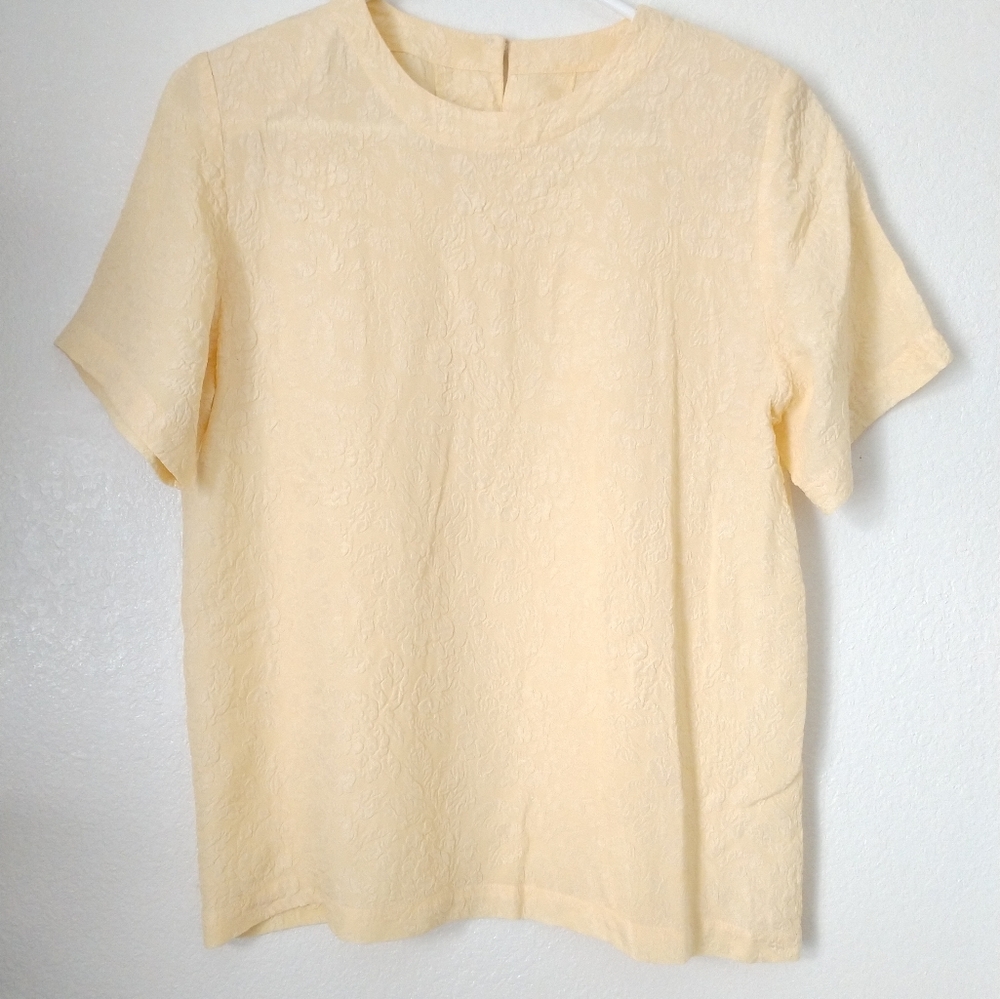 Sunny Yellow Blouse Short Sleeve Embossed Floral Textured Medium Chest 36"